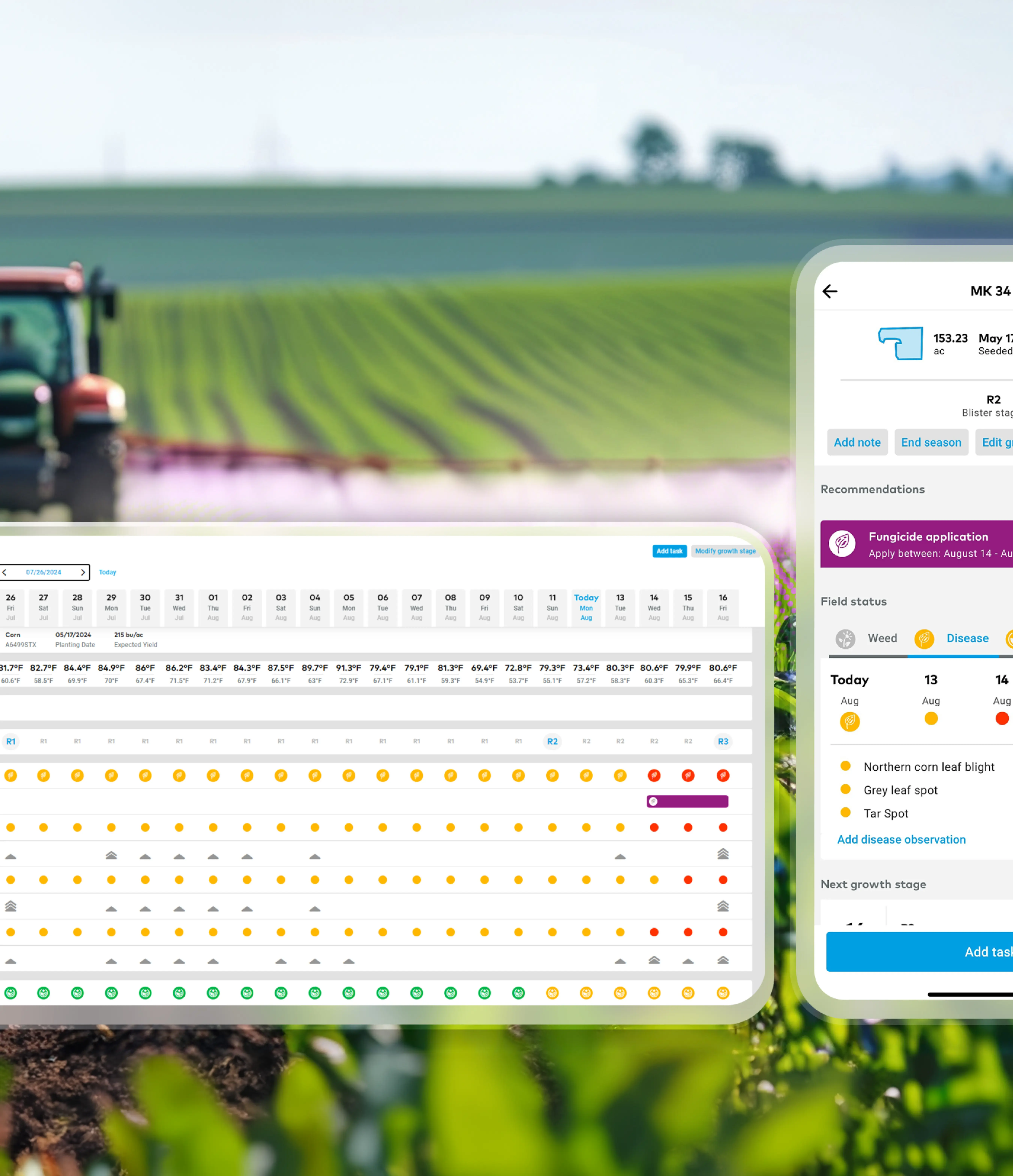 Photo illustrating new spray timer tool for xarvio field manager from BASF that alerts users to when a fungicide treatment is needed for a specific field.