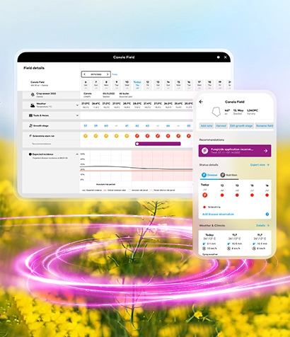 <a href='https://www.xarvio.com/us/en/products/field-manager.html'>xarvio® FIELD MANAGER</a> app screenshots showing Sclerotinia Risk Advisor tool